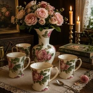 Rose Floral Vase & 4 Coffee Mug Set Burton & Burton Fib Pink Roses Gold Trim